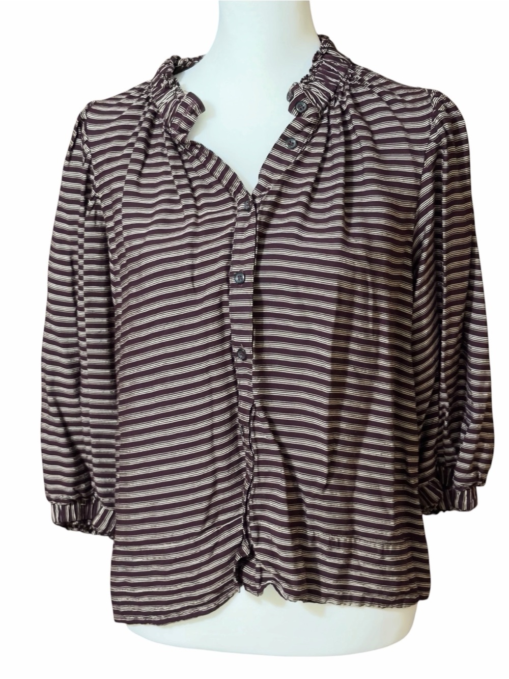 Never a Wallflower burgundy cream striped blouse size M